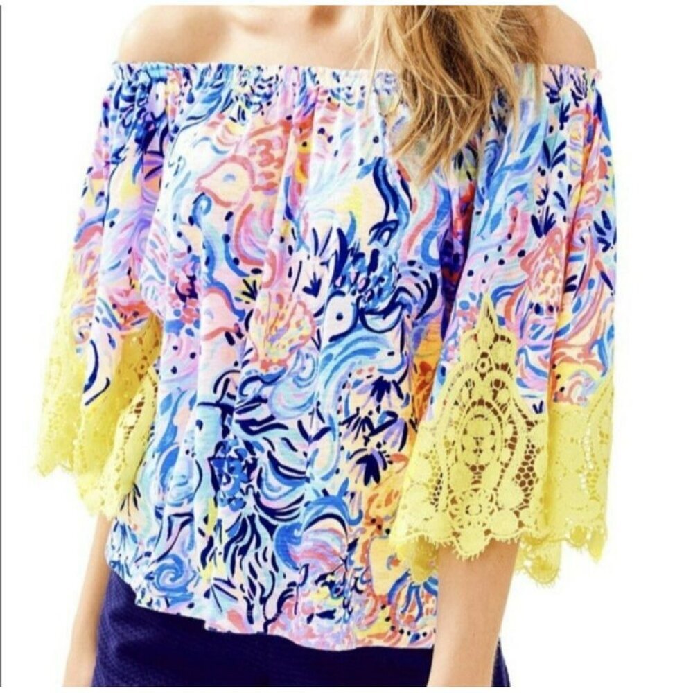 Lilly Pulitzer‎ Zaylee Off The Shoulder Top Printed Lace Short Sleeve Shirt XXS